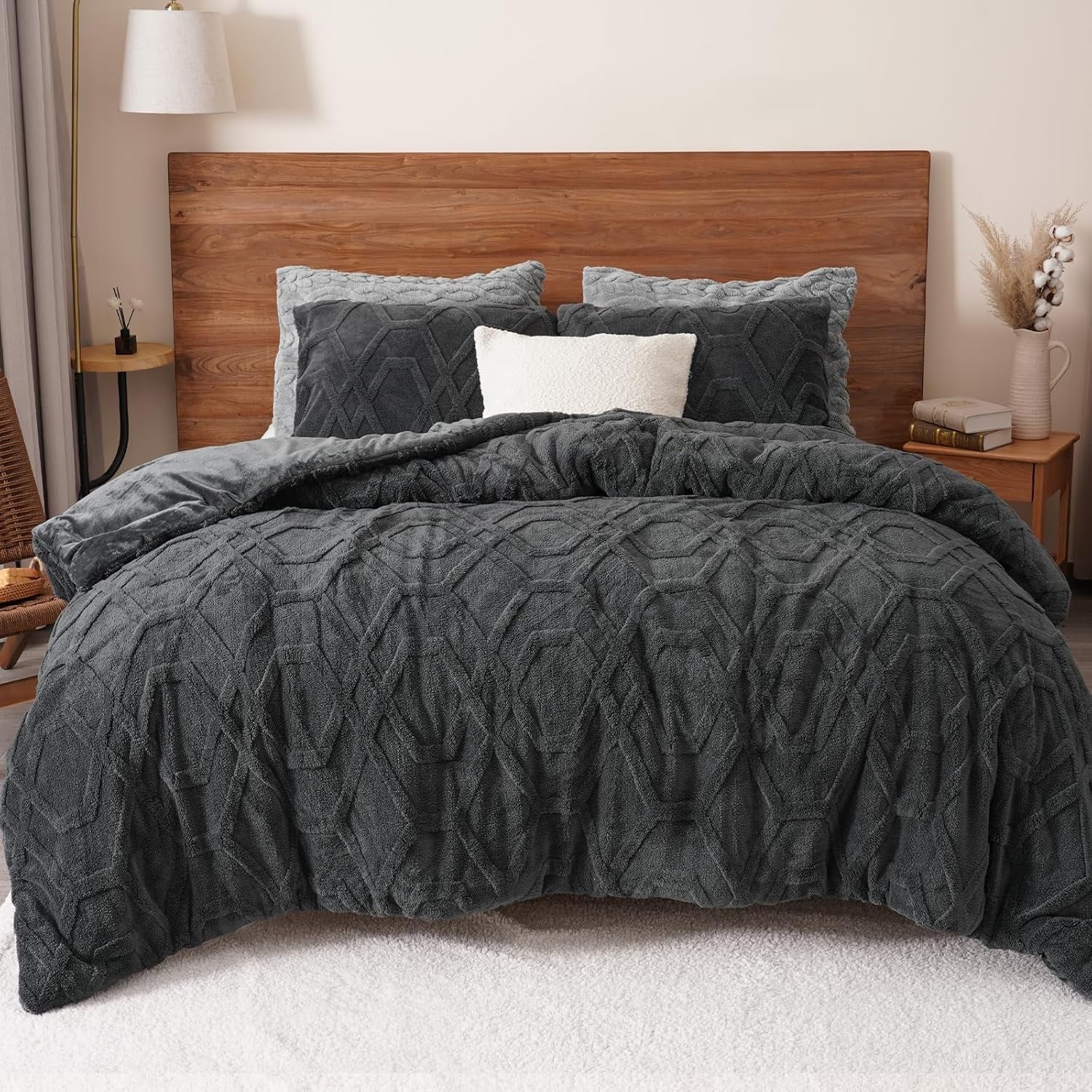 Luxurious Quilted Warm Sherpa Fleece Queen Comforter Set, 3D Tufted Fluffy Dark Grey Bedding for Winter, Soft 3 Pieces Shaggy Bed Set, ... - All-Season Down Alternative Comforter Insert - Default Title