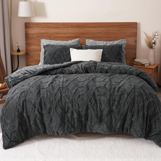 Luxurious Quilted Warm Sherpa Fleece Queen Comforter Set, 3D Tufted Fluffy Dark Grey Bedding for Winter, Soft 3 Pieces Shaggy Bed Set, ... - All-Season Down Alternative Comforter Insert - Default Title