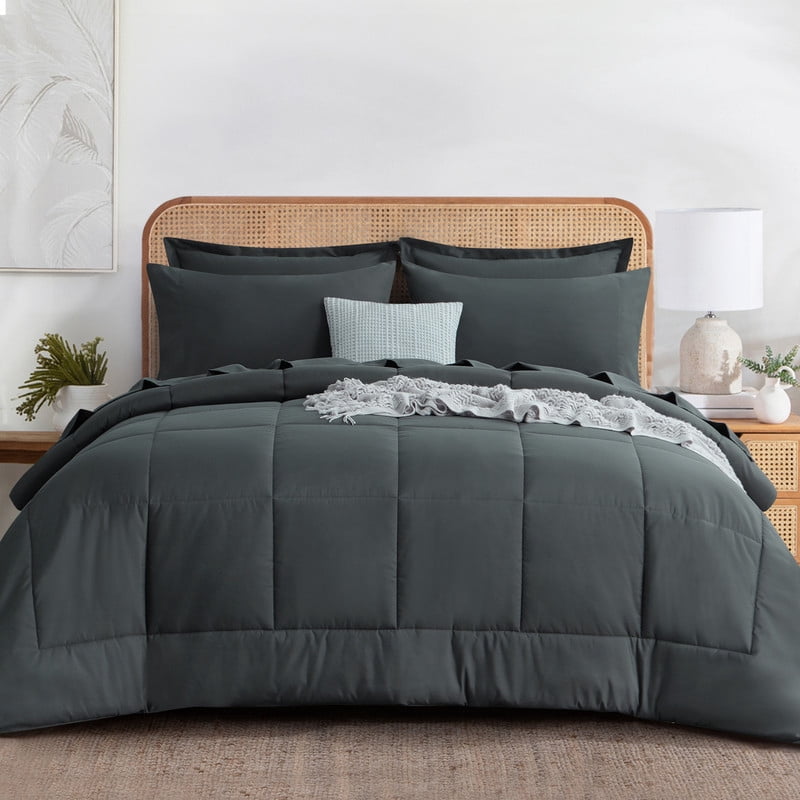 Luxurious Quilted 7 Pieces Comforter Set with Sheets - Bed in a Bag with Comforter and All Season Sheets, Pillowcases,Dark Gray,Queen - All-Season Down Alternative Comforter Insert - Default Title