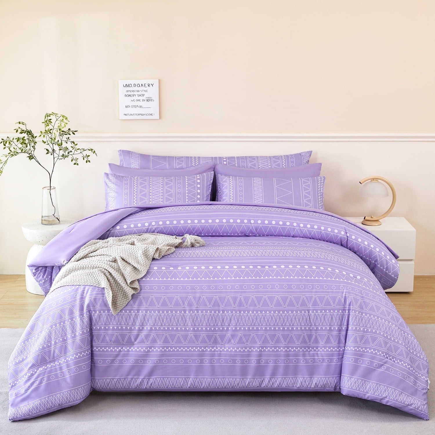 Luxurious Quilted 8-Pieces Boho Bedding Set Full Lavender Striped Bed in a Bag for Girls Women Soft Fluffy Purple Comforter Set with Sh... - Luxurious Quilted Duvet Cover Set - Default Title