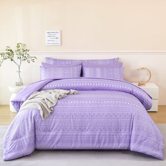 Luxurious Quilted 8-Pieces Boho Bedding Set Full Lavender Striped Bed in a Bag for Girls Women Soft Fluffy Purple Comforter Set with Sh... - Luxurious Quilted Duvet Cover Set - Default Title