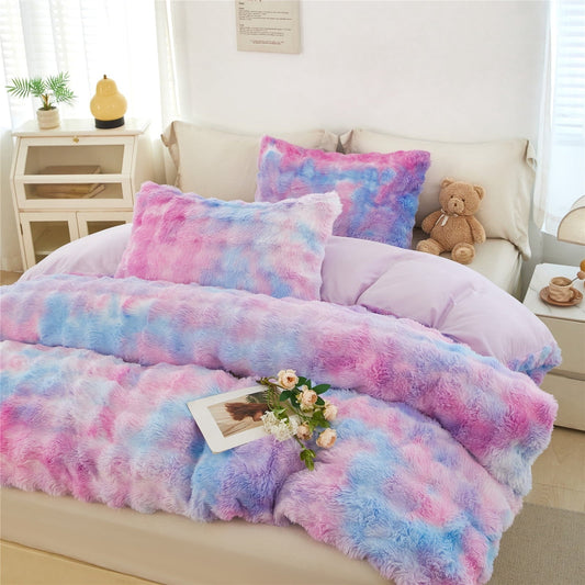 Hypoallergenic Cloud Faux Rabbit Fur Comforter Set Twin 3Pcs Girls Blue Purple Bedding Set Tie-Dyeing Soft Bed Comforter Set Warm Fuzzy Ki... - Luxurious Quilted Duvet Cover Set - Default Title