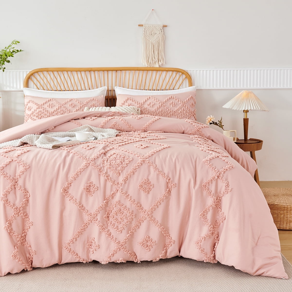 Luxurious Quilted Pink Diamond Jacquard Comforter Set Queen 3 Pcs Bohemian Tufts Quilt Set for Kids Girls Adult 100% Soft Microfiber Be... - Cloud-Like Soft Lightweight Bed Comforter - Default Title