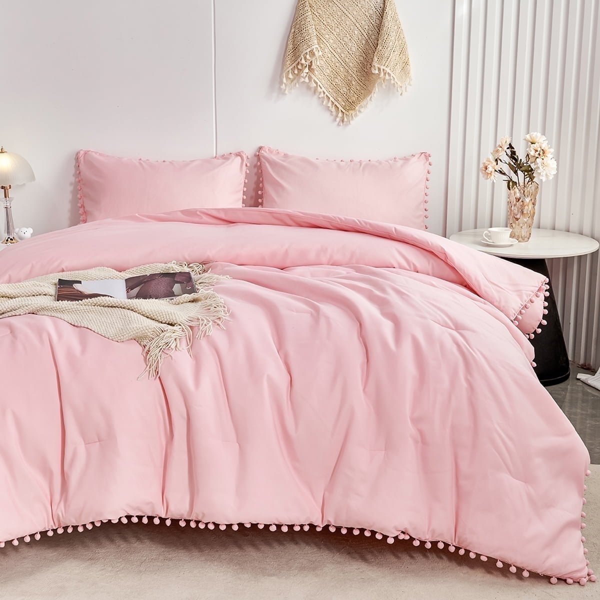 All-Season Pink Full Size Comforter Set Pom Fringe 3 Pcs Boho Chic Cute Ball Pom Blush Bedding Set Cali Soft Lightweight Solid B... - Cloud-Like Soft Lightweight Bed Comforter - Default Title