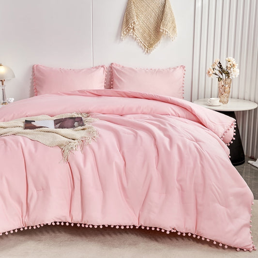 All-Season Pink Full Size Comforter Set Pom Fringe 3 Pcs Boho Chic Cute Ball Pom Blush Bedding Set Cali Soft Lightweight Solid B... - Cloud-Like Soft Lightweight Bed Comforter - Default Title
