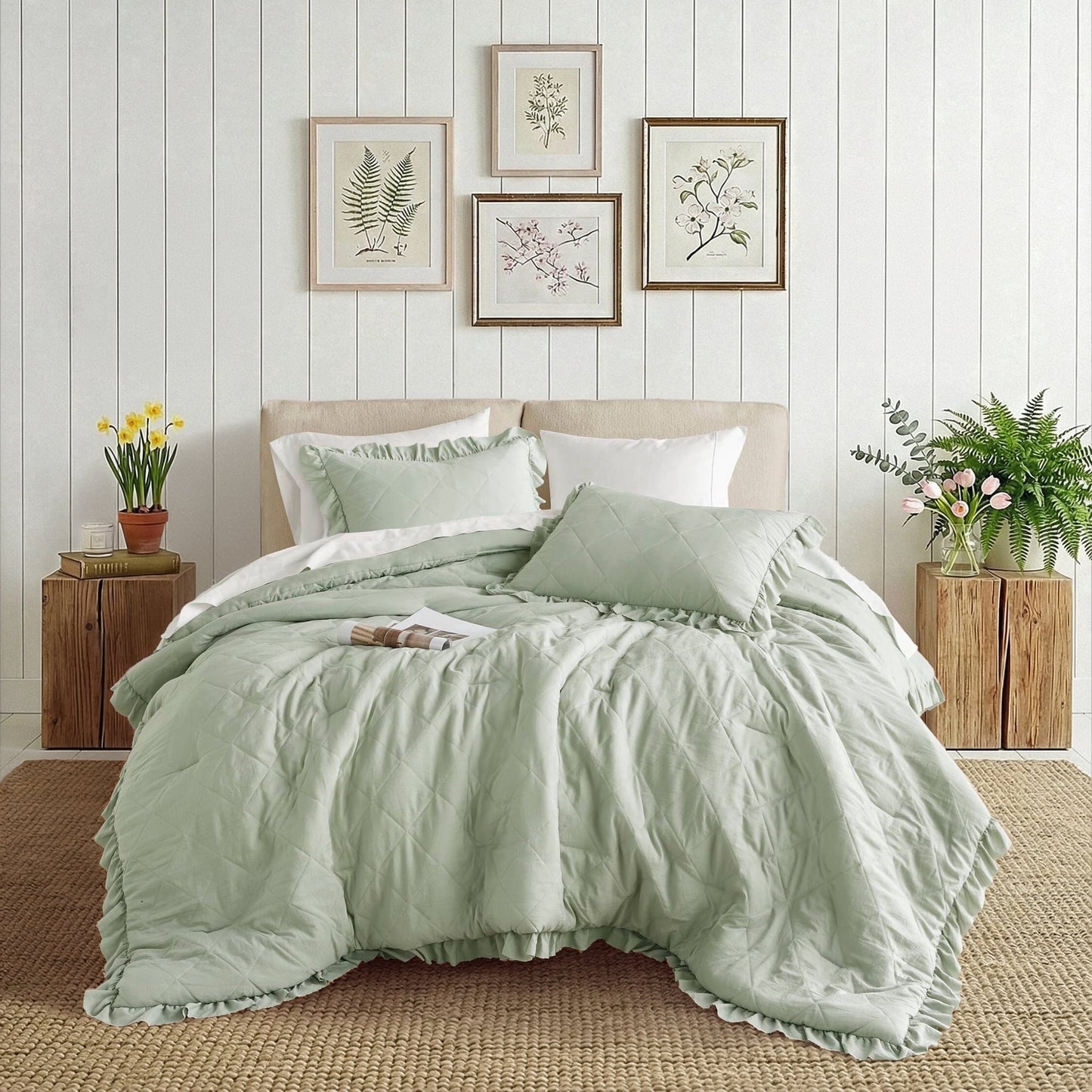 Luxurious Quilted Full/Queen Comforter Set Sage, 3 Pieces Quilted Ruffle Comforters Full/Queen Size, Solid Bedding Comforters Sets, Gif... - All-Season Down Alternative Comforter Insert - Default Title