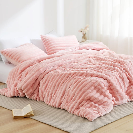 Fluffy Down Alternative Full/Queen Size Comforter Set, Fluffy Ribbed Plush Comforter Set, 3-Piece Bedding Set, Pink - All-Season Down Alternative Comforter Insert - Default Title