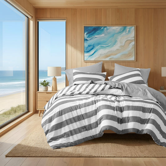 All-Season Full/Queen Size Comforter Sets, 3-Piece Bedding Set Full/Queen, Reversible Striped Comforter Bed Set, Charcoal - Cloud-Like Soft Lightweight Bed Comforter - Default Title