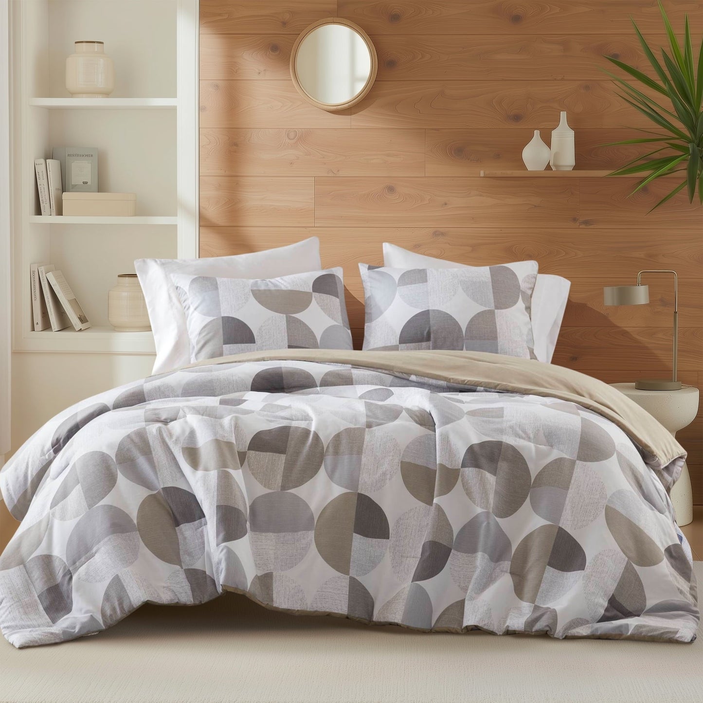 Heavyweight Warmth Full/Queen Size Comforter Set, Tan/Gray Bedding Set for All Seasons, 3-Piece Round Geometric Print Bedding Comforter Set - Hypoallergenic Ultra-Fluffy Quilt for Winter - Default Title