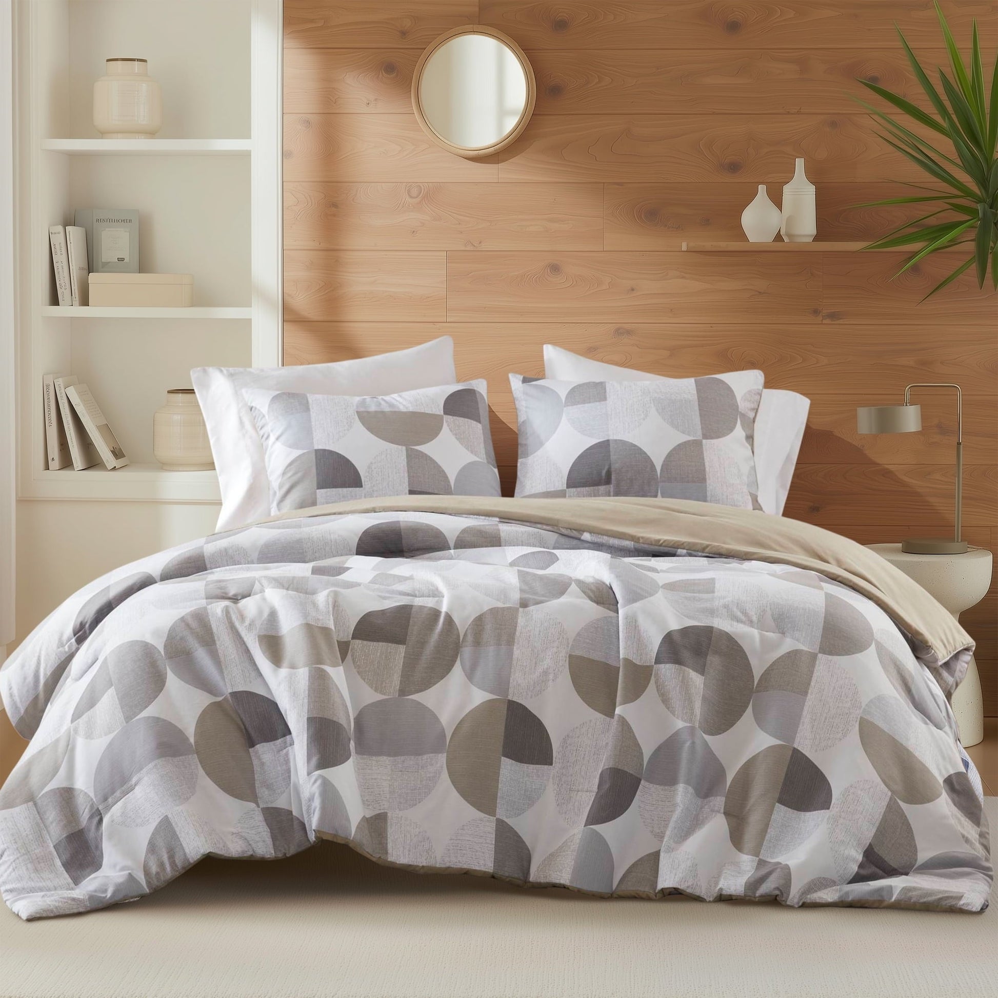 Heavyweight Warmth Full/Queen Size Comforter Set, Tan/Gray Bedding Set for All Seasons, 3-Piece Round Geometric Print Bedding Comforter Set - Hypoallergenic Ultra-Fluffy Quilt for Winter - Default Title