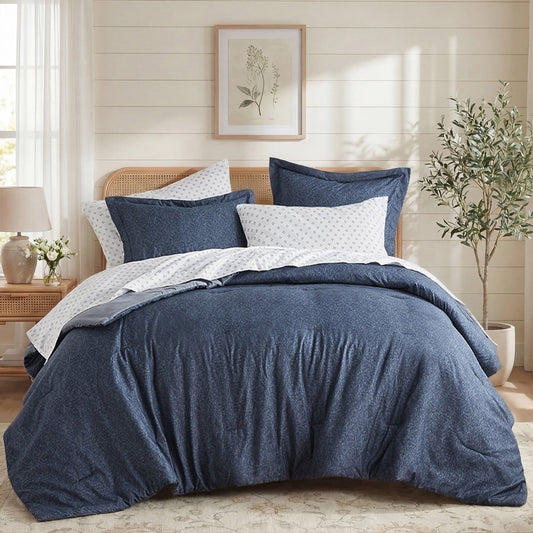 All-Season Queen Size Comforter Set, 7-Piece Reversible Bed in a Bag with Sheets, Navy - Hypoallergenic Ultra-Fluffy Quilt for Winter - Default Title