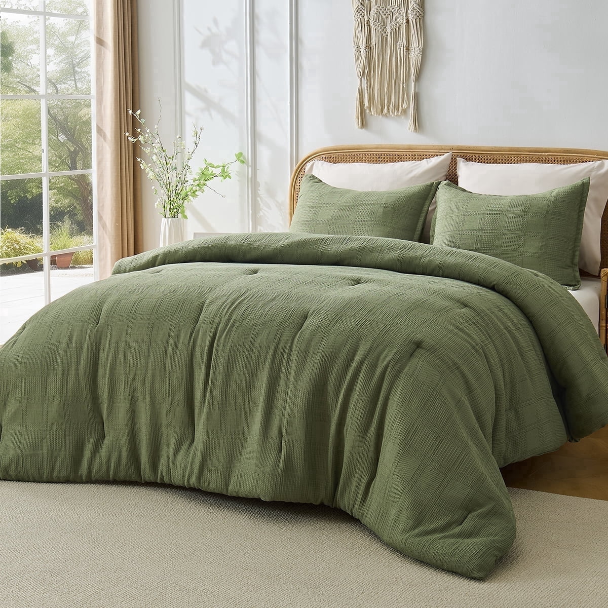 Heavyweight Warmth Waffle Weave Comforter Set Full/Queen Size, Lightweight & Breathable Comforter Bet Set for All Season, 3-Piece Textur... - Luxurious Quilted Duvet Cover Set - Default Title