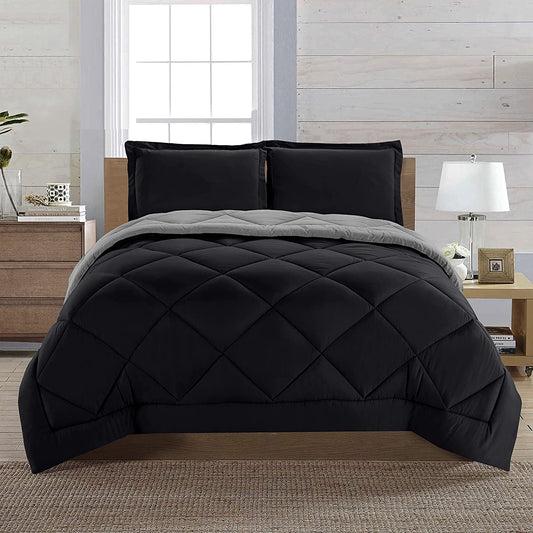 Heavyweight Warmth Reversible 3-Piece Comforter Set, Diamond Stitched, King, Black/Grey - Hypoallergenic Ultra-Fluffy Quilt for Winter - Default Title