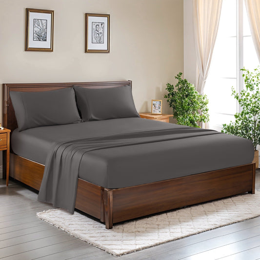 Wrinkle-Resistant 100% Cotton Bed Sheets Set, 1000 Thread Count 4 Piece Luxury Soft Sheets Set with 16" Deep Pocket, Queen, Dark Gray - Premium Ultra-Soft Pillowcase Pair for Sleeping - Default Title