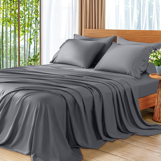 Premium Egyptian Cotton 6 Pieces Bamboo Bed Sheets Set, Luxury Rayon Derived - Deep Pockets - Wrinkle Free - Extremely Soft, Queen, Dark Gray - Luxury Bed Sheet Set with Deep Pockets - Default Title