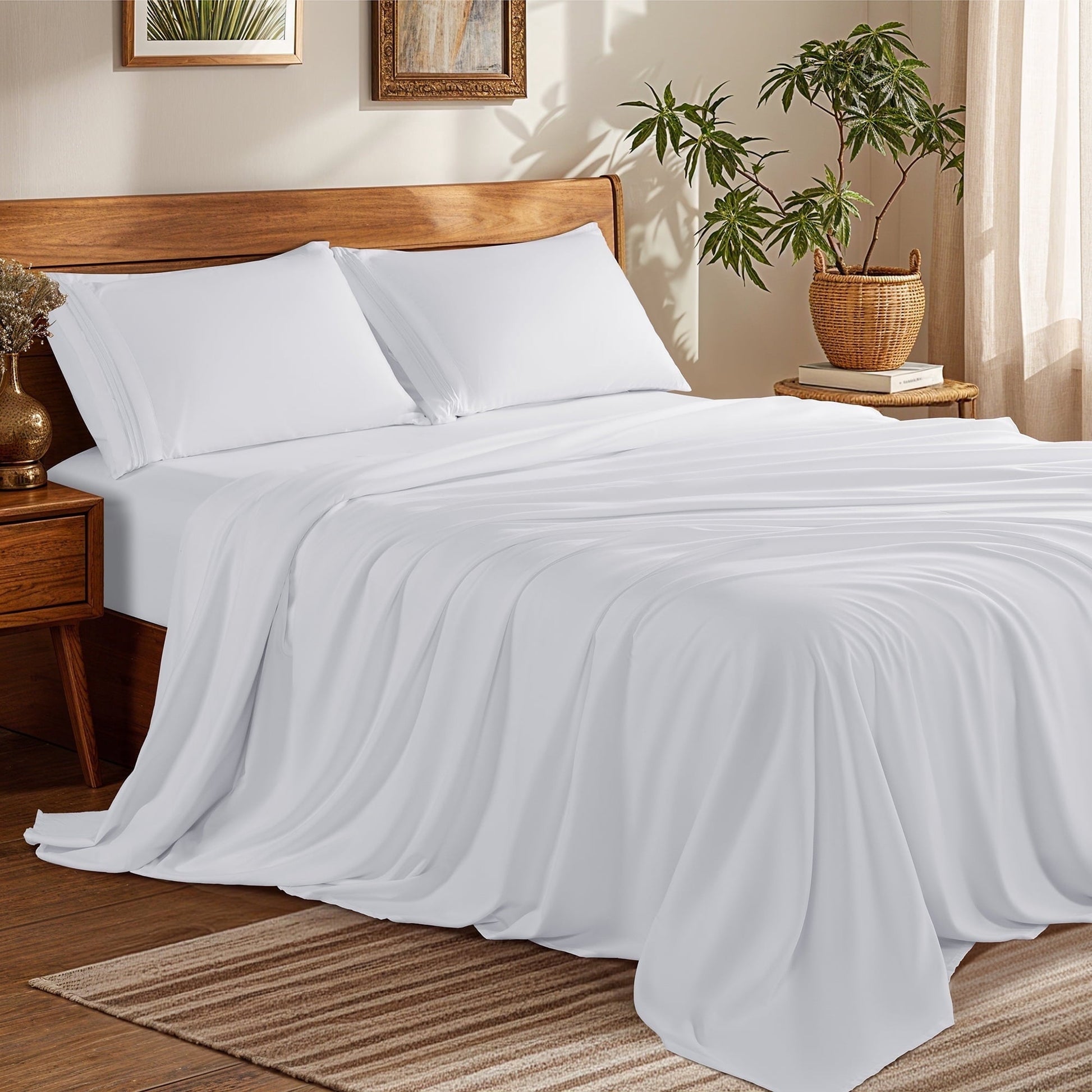 Premium Egyptian Cotton Bed Sheets Set, Microfiber Deep Pocket 4 Pieces Luxury Soft Sheet Set, Queen, White - Breathable Egyptian Cotton Flat & Fitted Sheets - Default Title