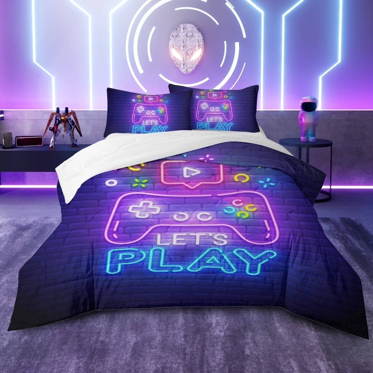 All-Season Gaming Comforter Set for Boys, 3-Piece Abstract Neon Kids Bedding Sets Twin Size - Cloud-Like Soft Lightweight Bed Comforter - Default Title