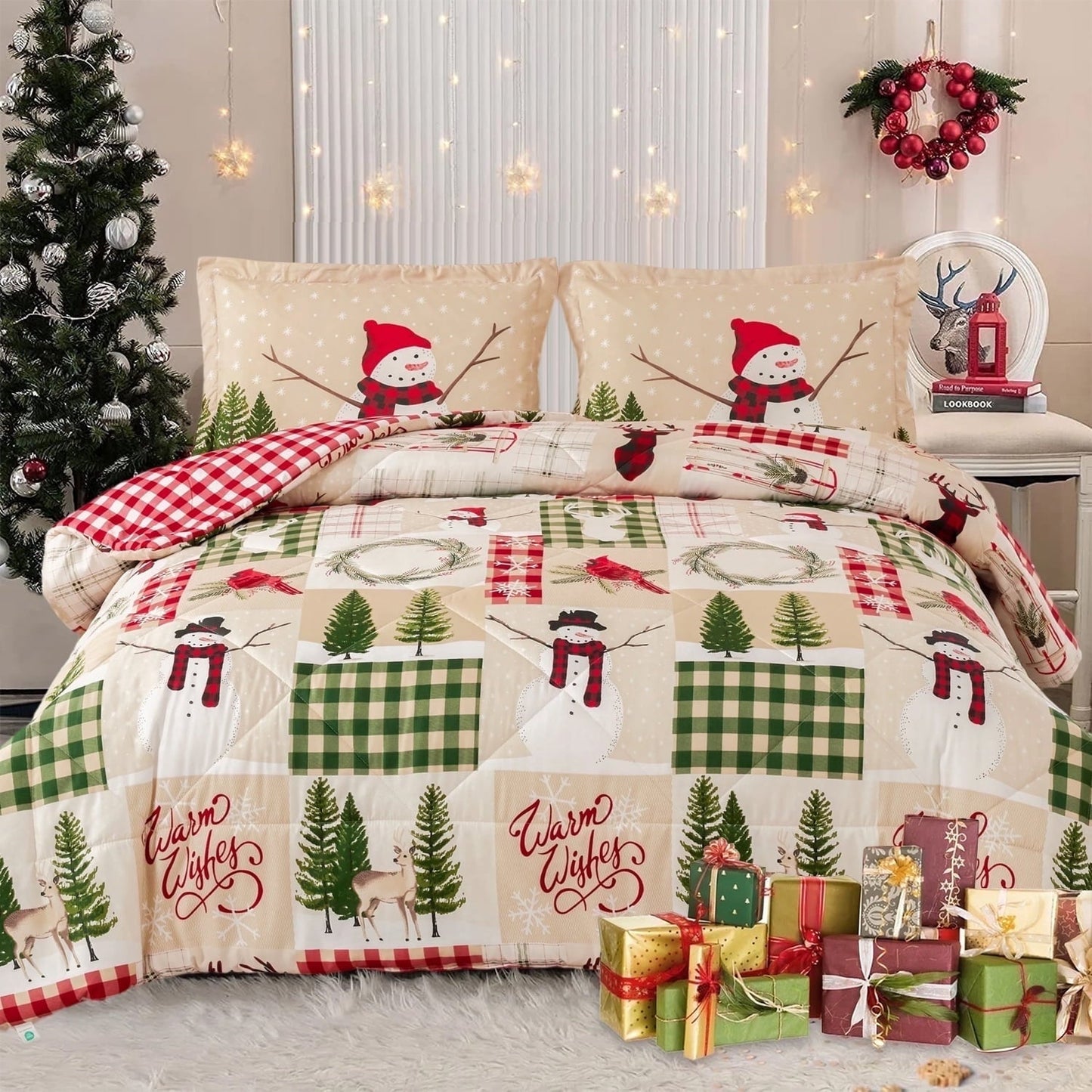 All-Season 3 Pcs Christmas Comforter Set, Bed in a Bag Wreath Snowman Queen/Full Size Xmas Bedding Set Fitted Pillowcases for Adult - Cloud-Like Soft Lightweight Bed Comforter - Default Title