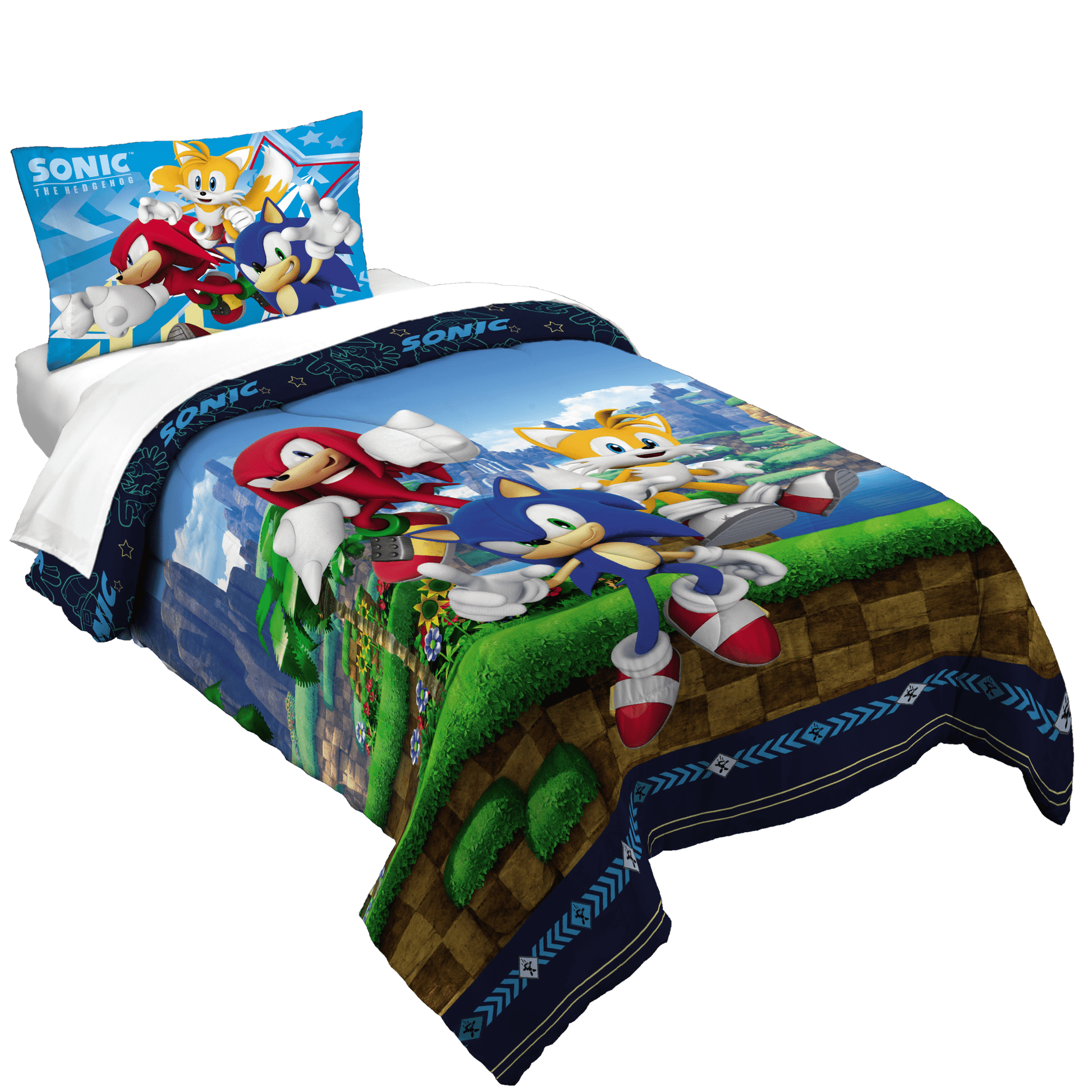 Hypoallergenic Cloud Sonic the Hedgehog Kids 2 Piece Blue Green Reversible Comforter and Pillowcase set, Twin/full - All-Season Down Alternative Comforter Insert - Default Title