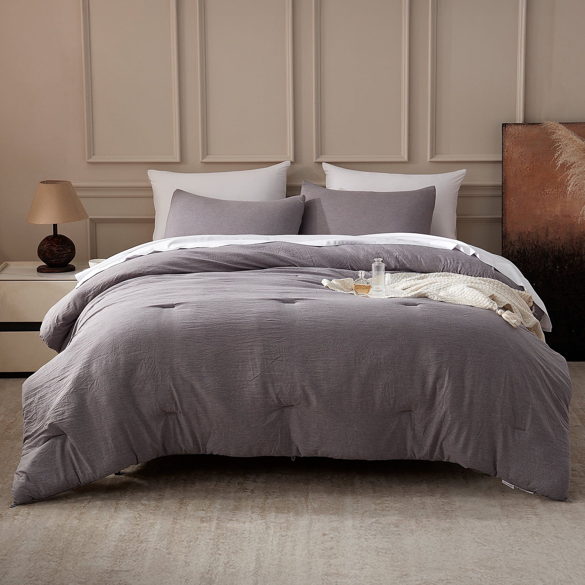 All-Season Washed Comforter Set Full Size - 3 Pieces Soft Luxury Cationic Dyeing Bedding Sets, Linen-Like Texture Breathable Wri... - Luxurious Quilted Duvet Cover Set - Default Title