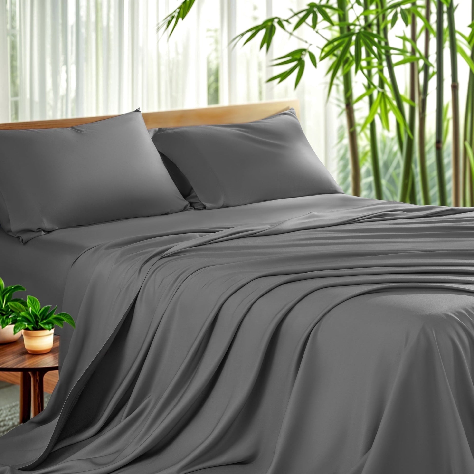 Wrinkle-Resistant Luxury Bamboo Bed Sheet Set - Deep Pockets - 4 Piece, Queen, Dark Gray - Cooling Hotel Quality Bedding Sheets and Pillowcases - Default Title