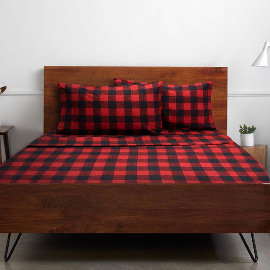 Breathable Luxury Buffalo Plaid Black and Red 4 Piece Bed Sheet Set - Twin - Luxury Bed Sheet Set with Deep Pockets - Default Title