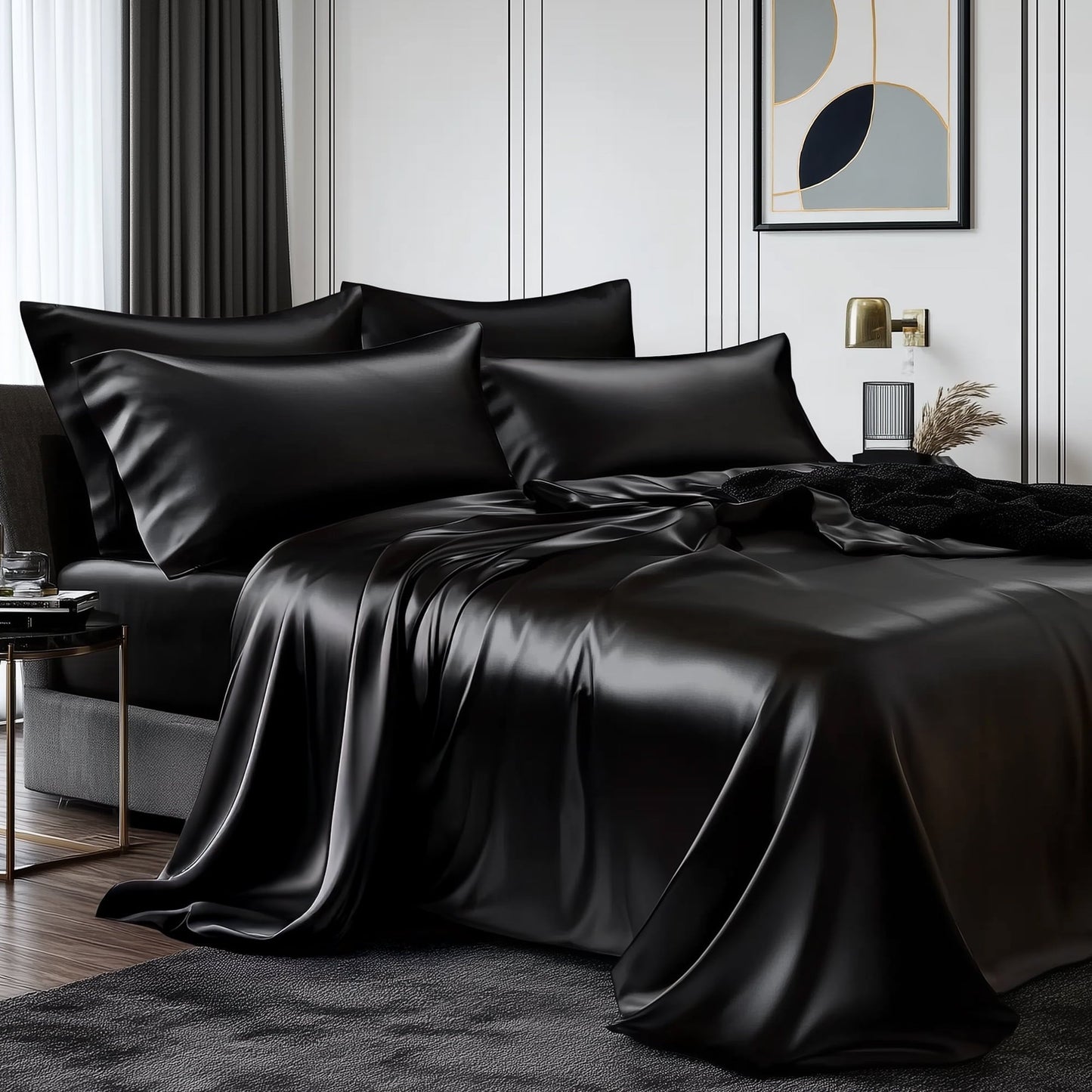 Cooling Sateen Queen Silk Black Bed Sheet Set,4 Pieces 1800 Microfiber 2 Pillowcase 20"x30" - Cooling Hotel Quality Bedding Sheets and Pillowcases - Default Title