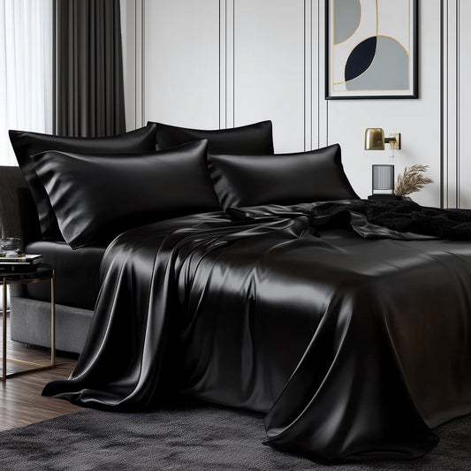 Cooling Sateen Queen Silk Black Bed Sheet Set,4 Pieces 1800 Microfiber 2 Pillowcase 20"x30" - Cooling Hotel Quality Bedding Sheets and Pillowcases - Default Title