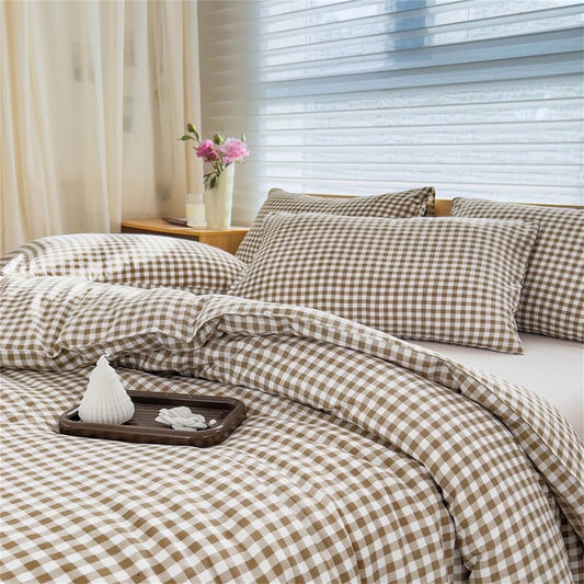 Heavyweight Warmth Tan Gingham Queen Comforter Set, Taupe Plaid Bedding Set, Checked Bed Comforter 3 Pieces(Tan Gingham, Queen) - Hypoallergenic Ultra-Fluffy Quilt for Winter - Default Title