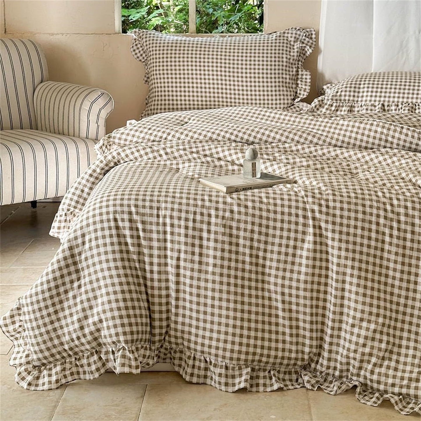 Heavyweight Warmth Tan Gingham Ruffle Queen Comforter Set, Taupe Ruffled Plaid Bedding Set, Ruffled Checked Bed Comforter 3 Pieces(Tan G... - All-Season Down Alternative Comforter Insert - Default Title