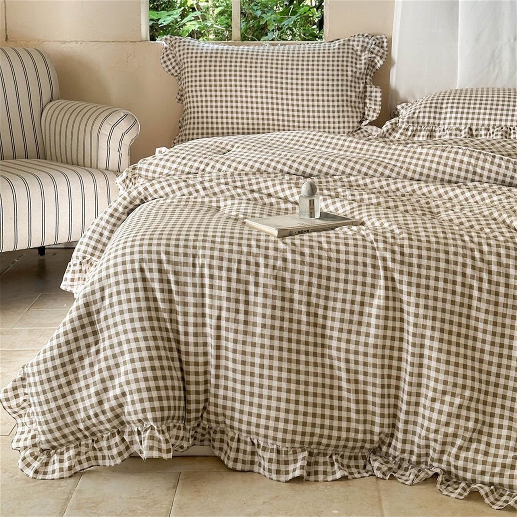 Heavyweight Warmth Tan Gingham Ruffle Queen Comforter Set, Taupe Ruffled Plaid Bedding Set, Ruffled Checked Bed Comforter 3 Pieces(Tan G... - All-Season Down Alternative Comforter Insert - Default Title