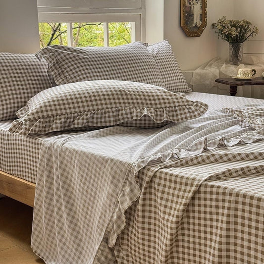 Ultra-Soft Tan Gingham Ruffle Queen Sheet Set, Taupe Soft Pre-Washed Microfiber Plaid Ruffled Queen Bed Sheets, 4-Pieces Farmhou... - Premium Ultra-Soft Pillowcase Pair for Sleeping - Default Title