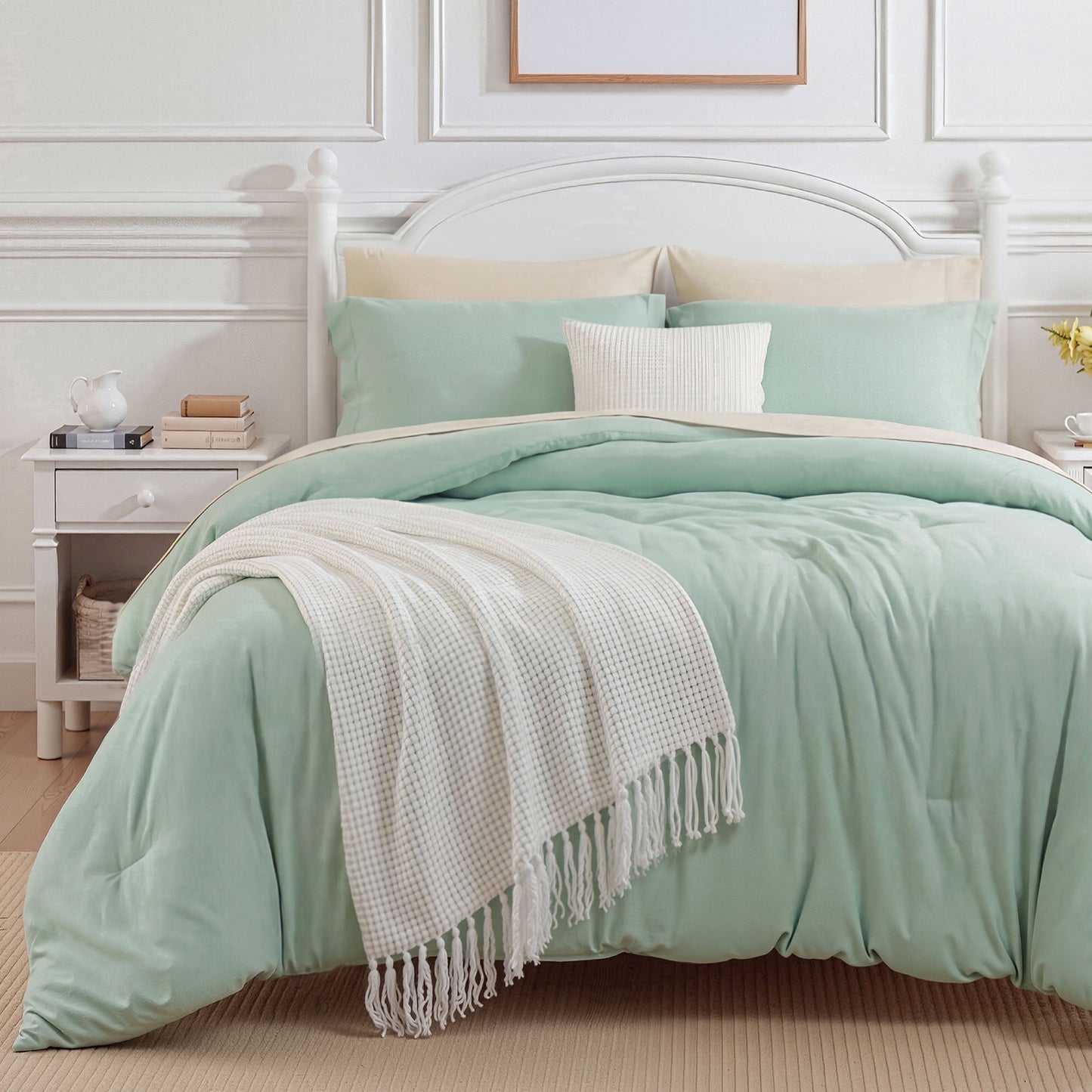 All-Season Queen Comforter Set Sage Green, 7 Pieces Lightweight Queen Bedding Sets, Contrasting Design - Hypoallergenic Ultra-Fluffy Quilt for Winter - Default Title