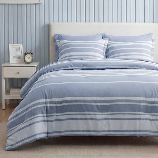Fluffy Down Alternative Queen Comforter Set Blue, Bed in a Bag Queen Size Bedding 7-Pieces, Striped Bedding Set for All Seasons - Cloud-Like Soft Lightweight Bed Comforter - Default Title