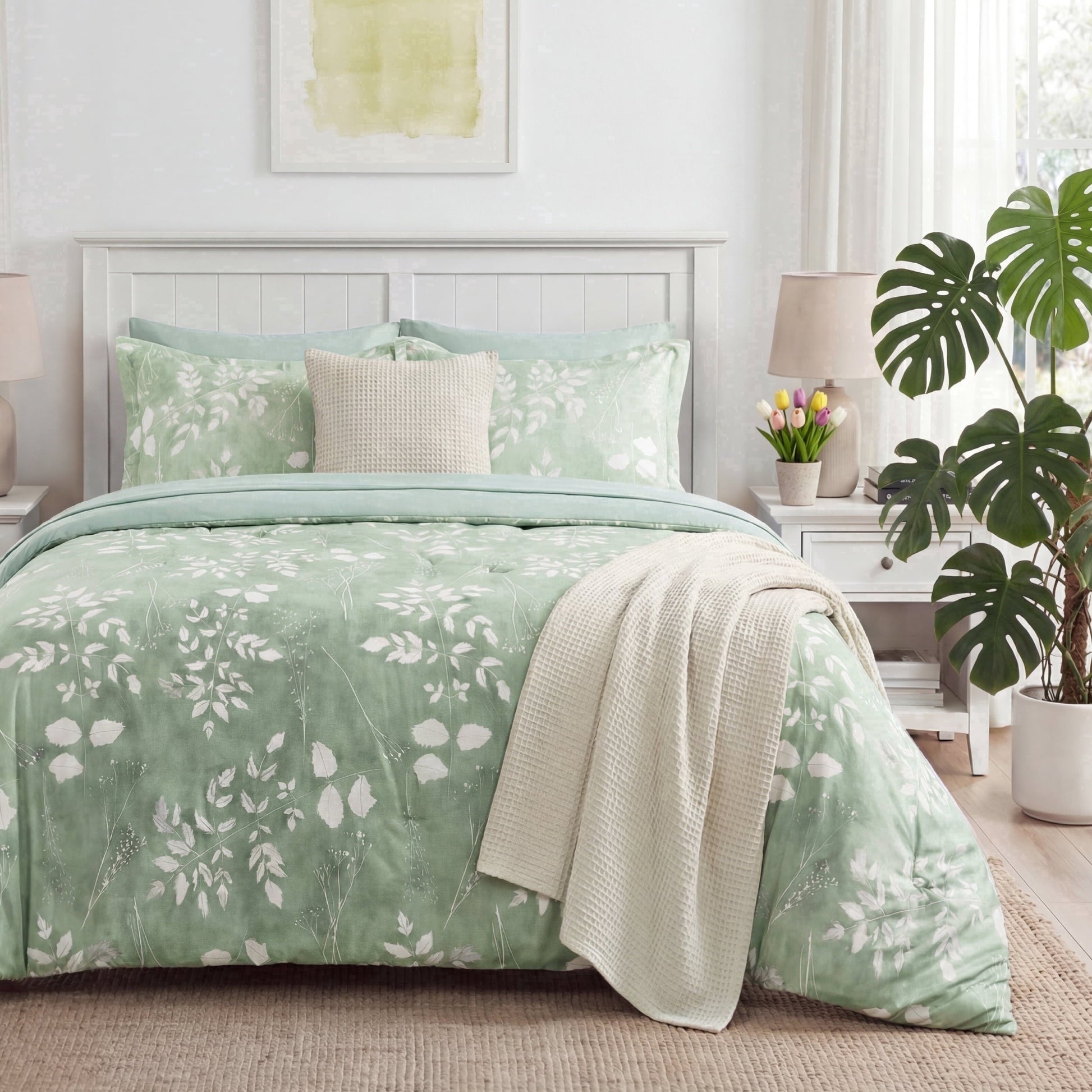 Luxurious Quilted Queen Comforter Set Sage Green, Bed in a Bag Queen Size Bedding, 7-Pieces Botanical Flowers Spring Comforter, Sheets,... - Luxurious Quilted Duvet Cover Set - Default Title