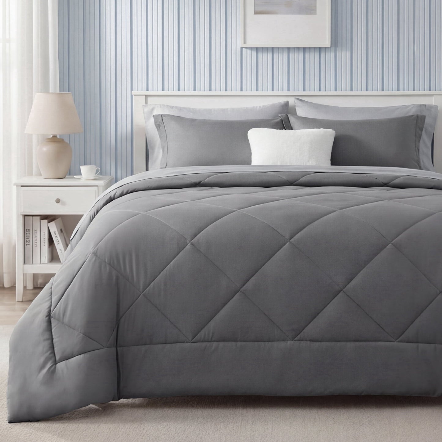 Fluffy Down Alternative Queen Reversible Comforter Set - 7 Pieces Grey Bedding, Bed in a Bag with Alternative Comforter, Sheets, Pillowcases ... - Cloud-Like Soft Lightweight Bed Comforter - Default Title
