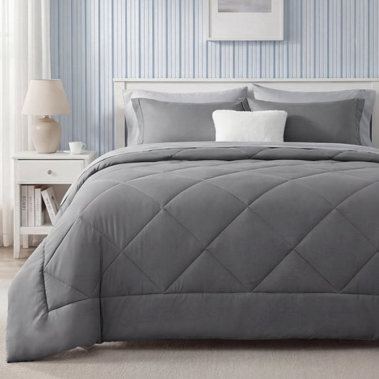 Fluffy Down Alternative Queen Reversible Comforter Set - 7 Pieces Grey Bedding, Bed in a Bag with Alternative Comforter, Sheets, Pillowcases ... - Cloud-Like Soft Lightweight Bed Comforter - Default Title