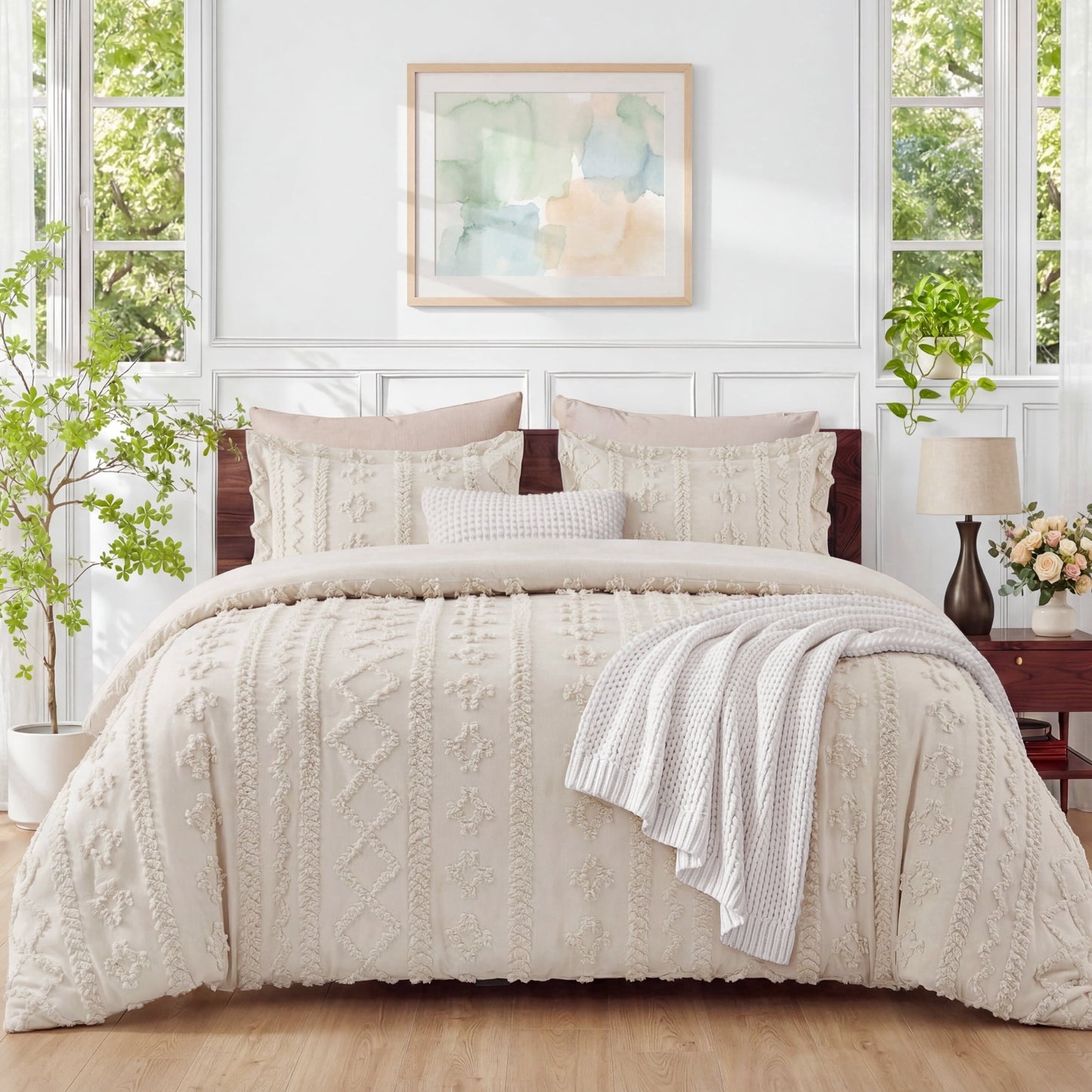 Hypoallergenic Cloud Tufted Boho Comforter Set Queen, Beige, 3 Pieces Farmhouse Shabby Chic Embroidery Bedding Set, Soft Jacquard Comforte... - Luxurious Quilted Duvet Cover Set - Default Title
