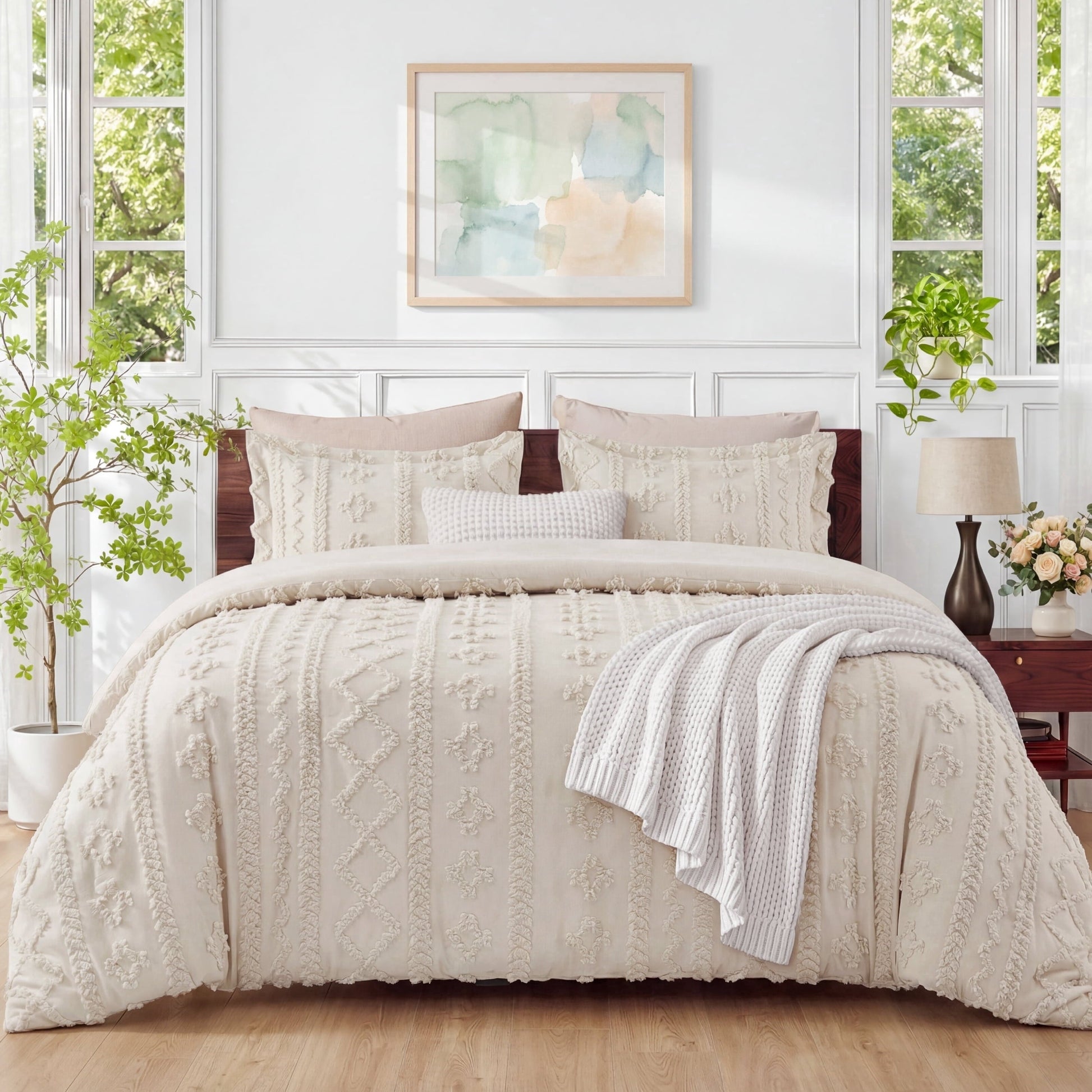 Hypoallergenic Cloud Tufted Boho Comforter Set Queen, Beige, 3 Pieces Farmhouse Shabby Chic Embroidery Bedding Set, Soft Jacquard Comforte... - Luxurious Quilted Duvet Cover Set - Default Title