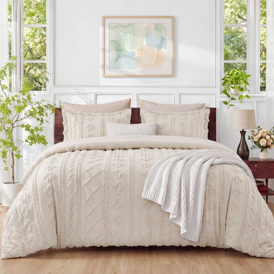 Hypoallergenic Cloud Tufted Boho Comforter Set Queen, Beige, 3 Pieces Farmhouse Shabby Chic Embroidery Bedding Set, Soft Jacquard Comforte... - Luxurious Quilted Duvet Cover Set - Default Title