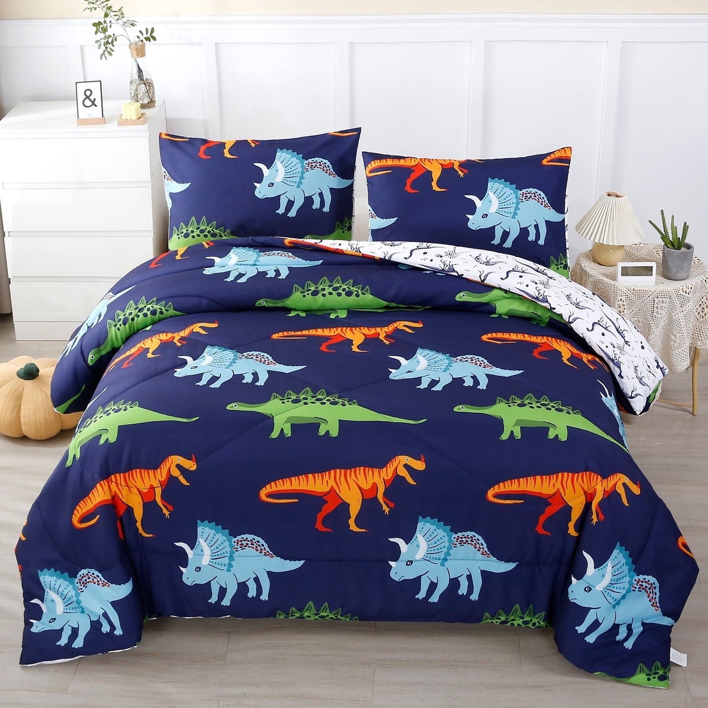 Hypoallergenic Cloud 3 Pcs Dinosaur Twin Size Bedding Sets for Boys, Dinosaur Printing Boys Comforter Set, Blue and White Reversible Bed C... - Hypoallergenic Ultra-Fluffy Quilt for Winter - Default Title