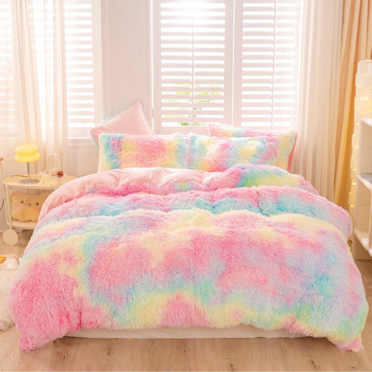 Fluffy Down Alternative 3Pcs Pink Faux Fur Twin Comforter Set for Girls Tie Dye Rainbow Kid Bed Set Plush Shaggy Bedding Sets Fuzzy Bed Comfo... - Hypoallergenic Ultra-Fluffy Quilt for Winter - Default Title
