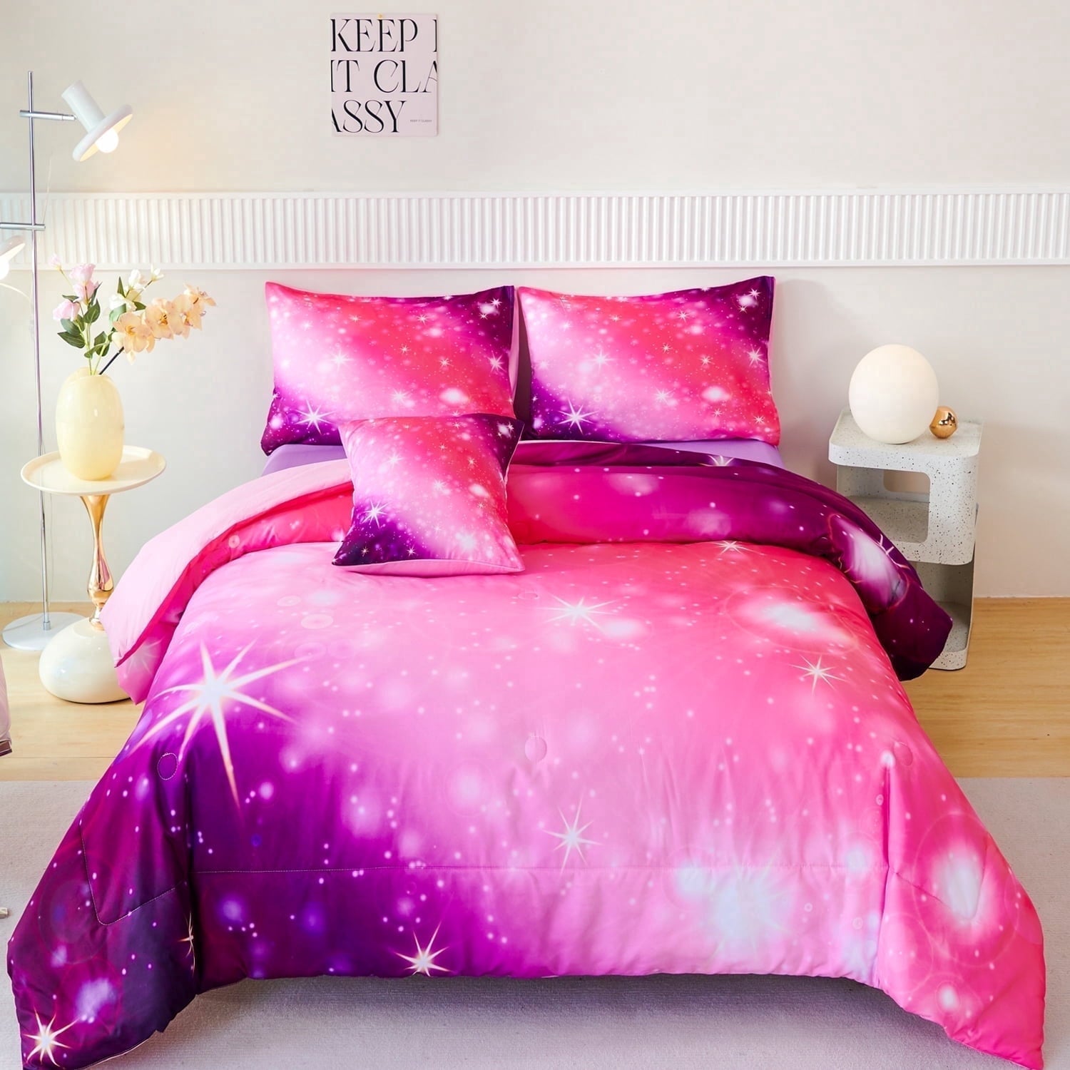 Fluffy Down Alternative 4Pcs Rainbow Twin Size Comforter Set for Girls, Pink Purple Gradient Glitter Kids Bedding Sets, Soft Galaxy Girls Bed... - All-Season Down Alternative Comforter Insert - Default Title