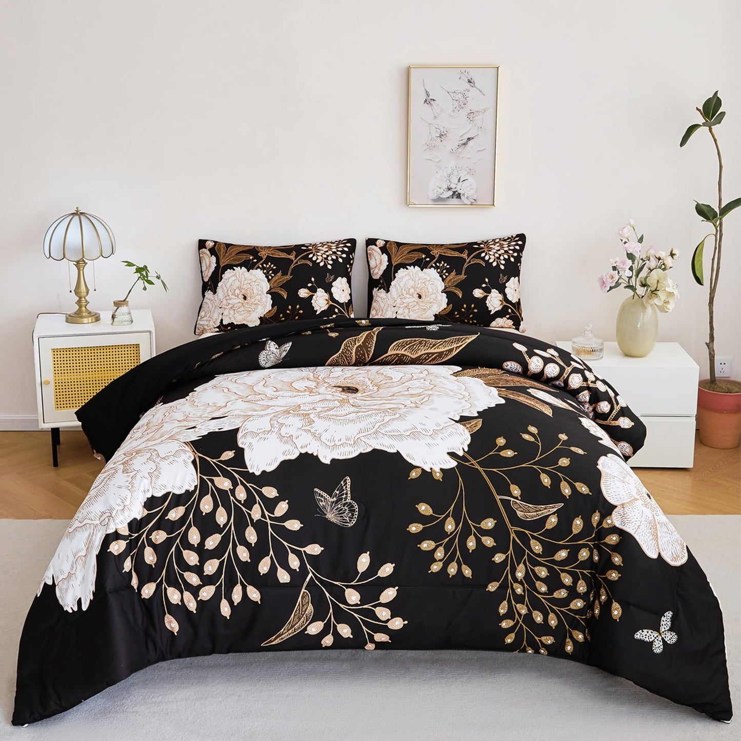 Luxurious Quilted Black Floral Comforter Set Queen, Printed Comforter White Flowers Butterfly Bedding Set, 3 Pieces Botanical Reversibl... - All-Season Down Alternative Comforter Insert - Default Title
