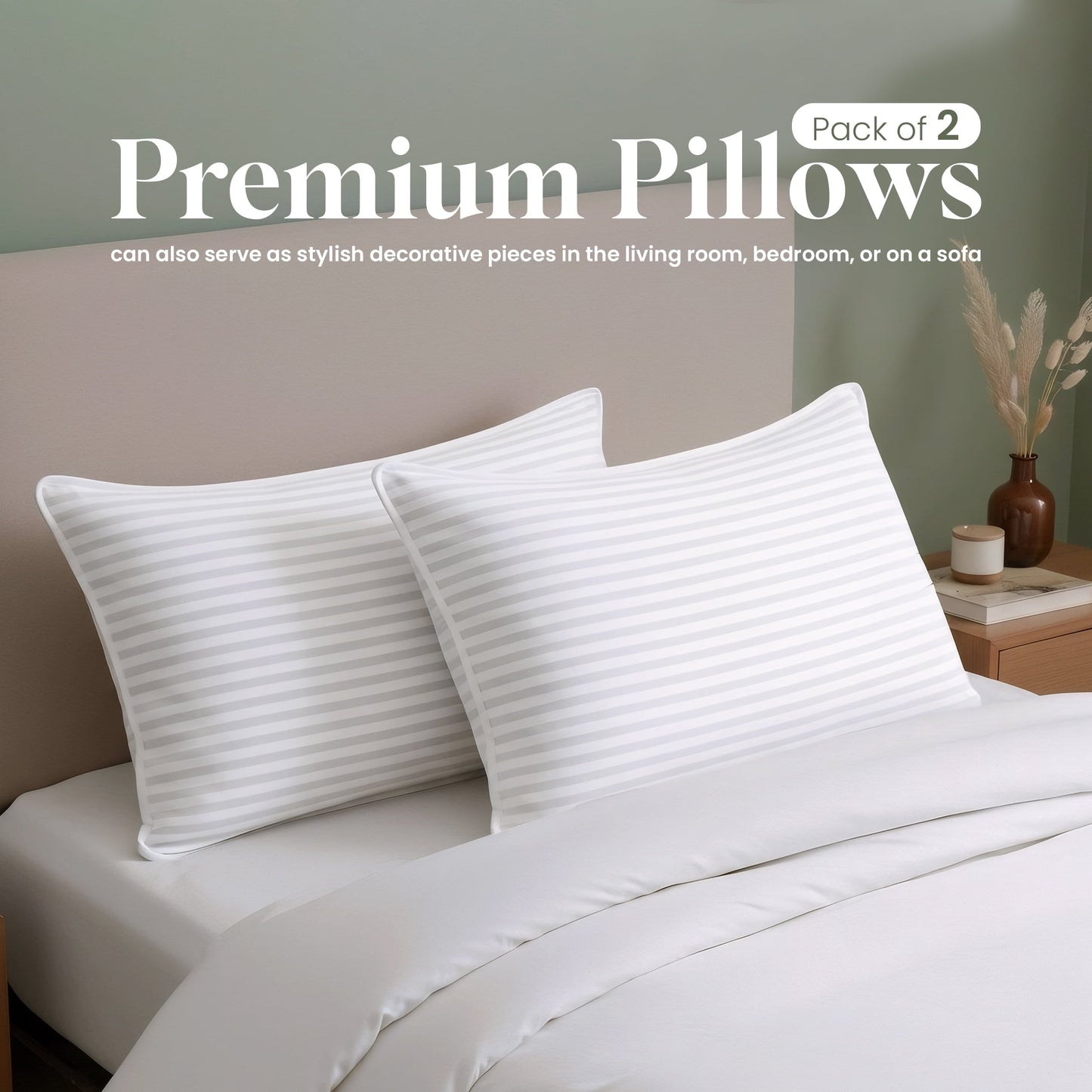 Orthopedic Support Bed Pillow with White Stripes - Set of 2 - Ultra Cozy & Relaxing For Adults, (Queen, 28"L x 20" W) - Hotel Quality Plush Sleeping Pillows - Default Title