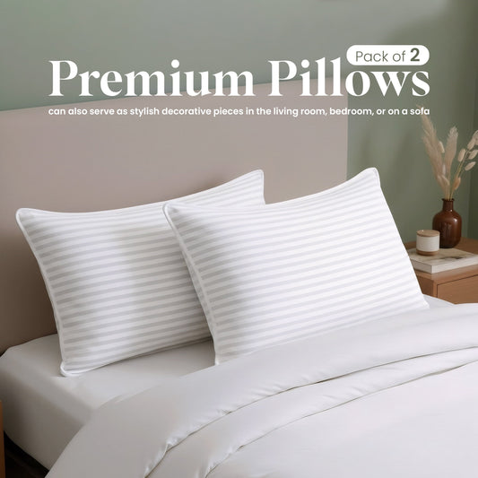 Orthopedic Support Bed Pillow with White Stripes - Set of 2 - Ultra Cozy & Relaxing For Adults, (Queen, 28"L x 20" W) - Hotel Quality Plush Sleeping Pillows - Default Title