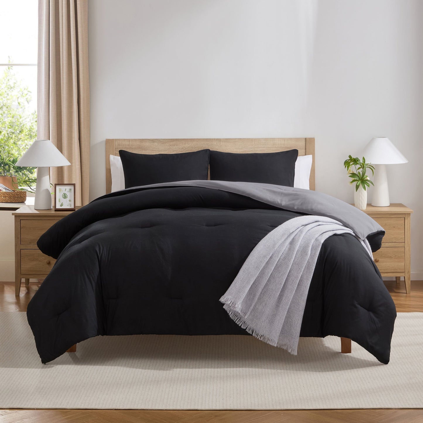 Fluffy Down Alternative Comforter Sets, All Season Lightweight Reversible Queen Comforter Set, 3-Pc Bedding Sets, Black/Charcoal gray - Luxurious Quilted Duvet Cover Set - Default Title
