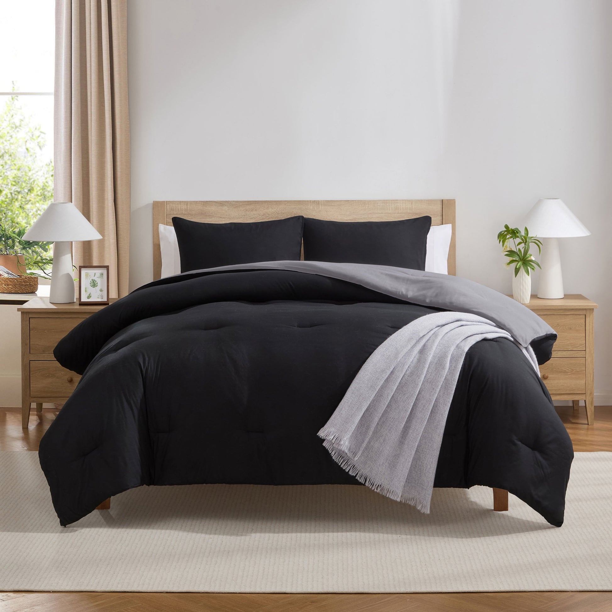 Fluffy Down Alternative Comforter Sets, All Season Lightweight Reversible Queen Comforter Set, 3-Pc Bedding Sets, Black/Charcoal gray - Luxurious Quilted Duvet Cover Set - Default Title