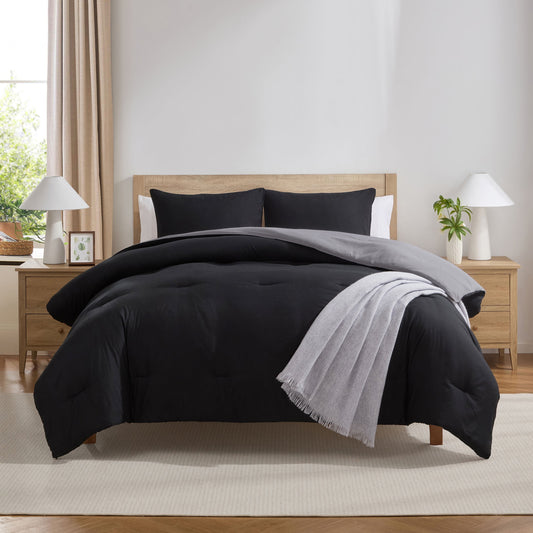 Fluffy Down Alternative Comforter Sets, All Season Lightweight Reversible Queen Comforter Set, 3-Pc Bedding Sets, Black/Charcoal gray - Luxurious Quilted Duvet Cover Set - Default Title