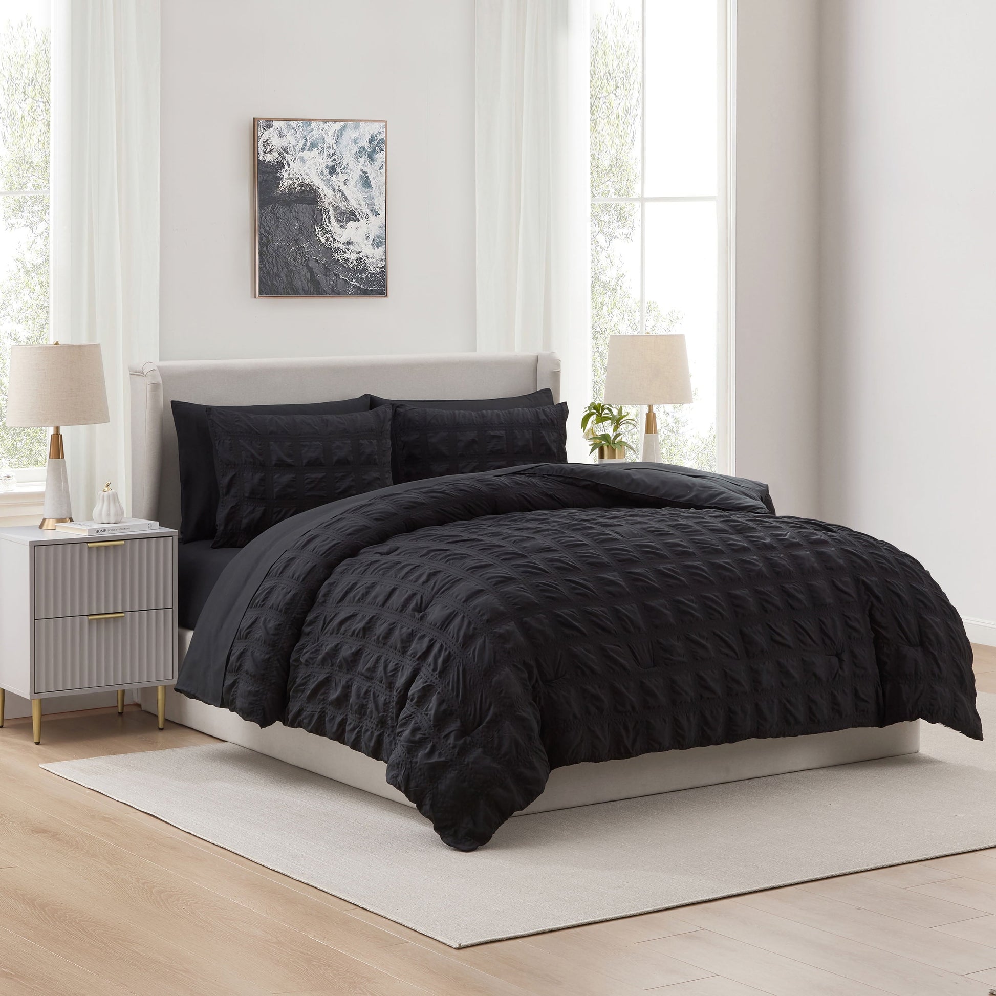 Heavyweight Warmth Queen Comforter Set, Seersucker Queen Size Comforter Set, 7-Pc All Season Bedding Comforter Set, Black - Luxurious Quilted Duvet Cover Set - Default Title